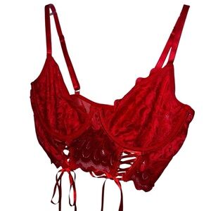 Cupshe Red Lacy Longline Bra with Ribbons Size Large NWT